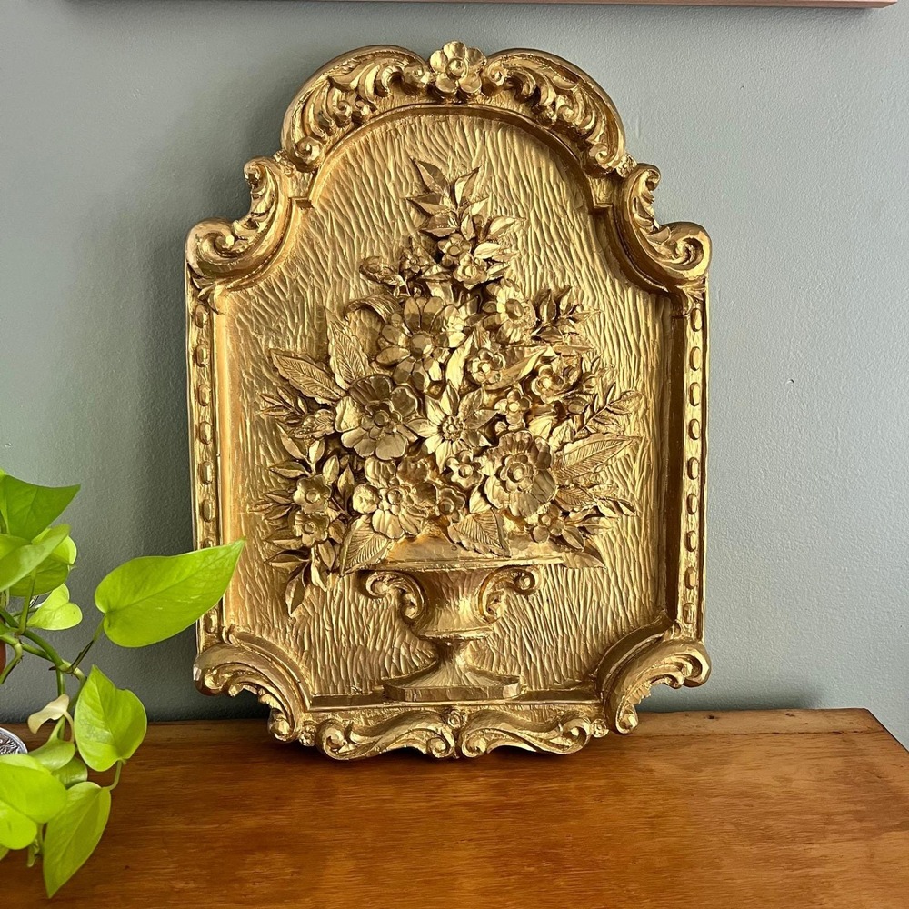 Vintage Gold  Floral  Relief  Wall Plaque Baroque Rococo Decor 20x15.5
